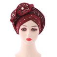 thumbnail image 1 of Fashion Women Beading Braid Hat Muslim Ruffle Cancer Wrap Cap Sleep Caps Satin Lined Hair Bonnets, 1 of 2