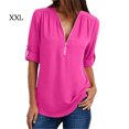 thumbnail image 1 of facefd Femmes pour Décoration de Fermeture Éclair devant Col en V Manches Courtes Chemise rose Rouge TTG, 1 of 2