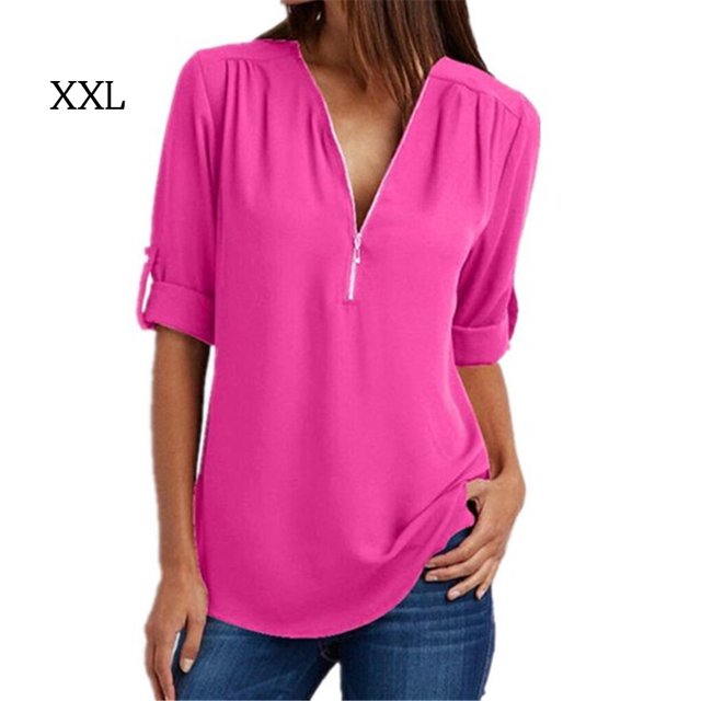 facefd Femmes pour Décoration de Fermeture Éclair devant Col en V Manches Courtes Chemise rose Rouge TTG