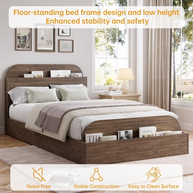 Kojooin Wooden Bed Frame with Storage Headboard and Footboard, Low Platform Bed with Wooden Slats, No Box Spring Needed
