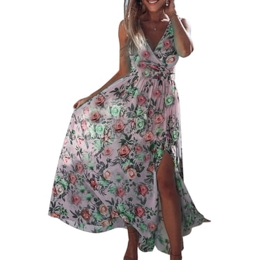 HAWEE Robe Décontractée à Col en V pour Femme, Été, Dos Nu, Imprimé Floral, Sans Manches, Robe Maxi pour Plage et Fête