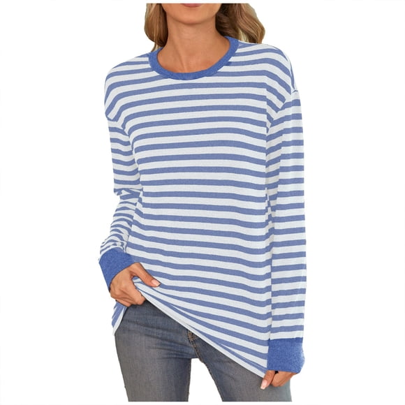 Aocisk Women's Fashion Casual Autumn and Winter Round Neck Striped Long Sleeve Top Blouse Loose Fit Color Block for Daily Wear Sky Blue XL