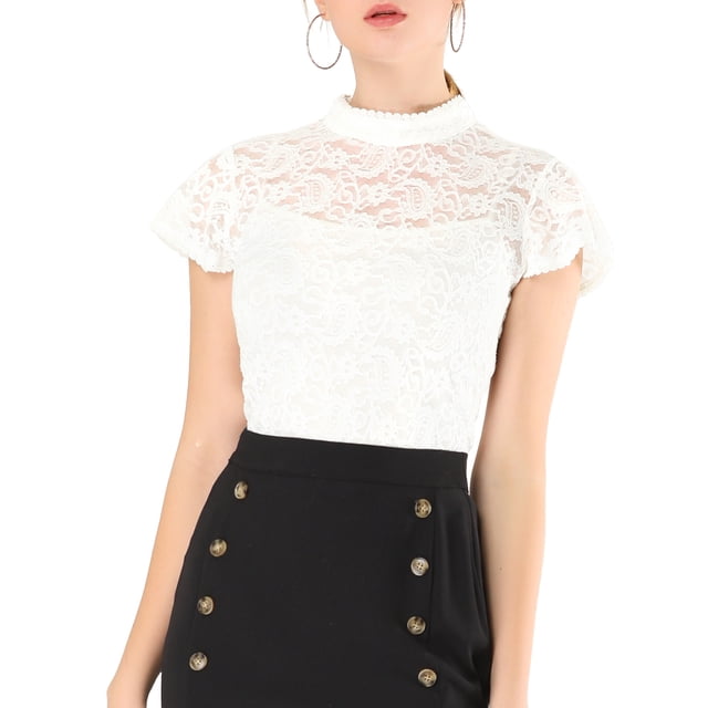 INSPIRE CHIC Women's Keyhole Back Top Short Sleeve Stand Collar Semi Sheer Blouse