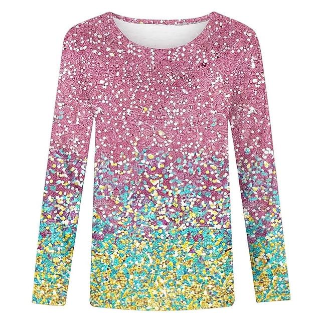 T-shirts pour Filles Printemps Été Manches Longues Dégradé Paillettes Imprimé Col Rond Chemise Flash Hauts pour Filles Vert Menthe 4-5 Ans