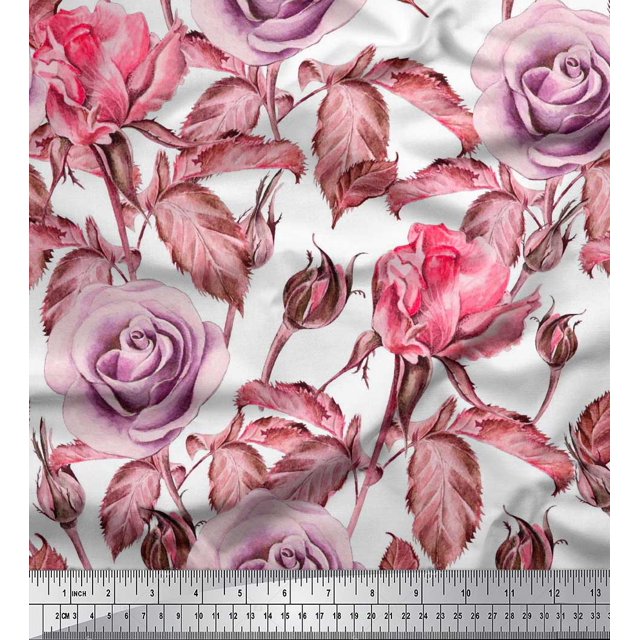 Soimoi Modal Satin Fabric Leaves & Rose Flower Print Fabric by The Yard 42 Inch Wide