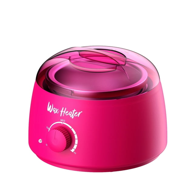 Machine de Thérapie par Cire Machine de Chauffage de Grains de Cire par GRM, Présentant un design Rose Vif avec un Couvercle transparent. l'Appareil Comprend un Bouton de Contrôle de Température Étiqueté avec des Réglages de Bas à Haut. Fonctionne avec une Alimentation 110V-130V et Est Équipé d'Une Prise US. Convient aux applications d'Épilation et de Cirage.