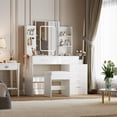 thumbnail image 4 of Makeup Vanity Desk with LED Mirror – 3-Color Lighted Makeup Table with 6 Drawers & 4 Open Shelves, Adjustable Lighting, Stool, and Built-In Charging Station, 4 of 8