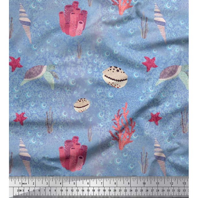 Soimoi Viscose Chiffon Fabric Coral,Shell & Sea Turtle Ocean Printed Fabric 1 Yard 42 Inch Wide