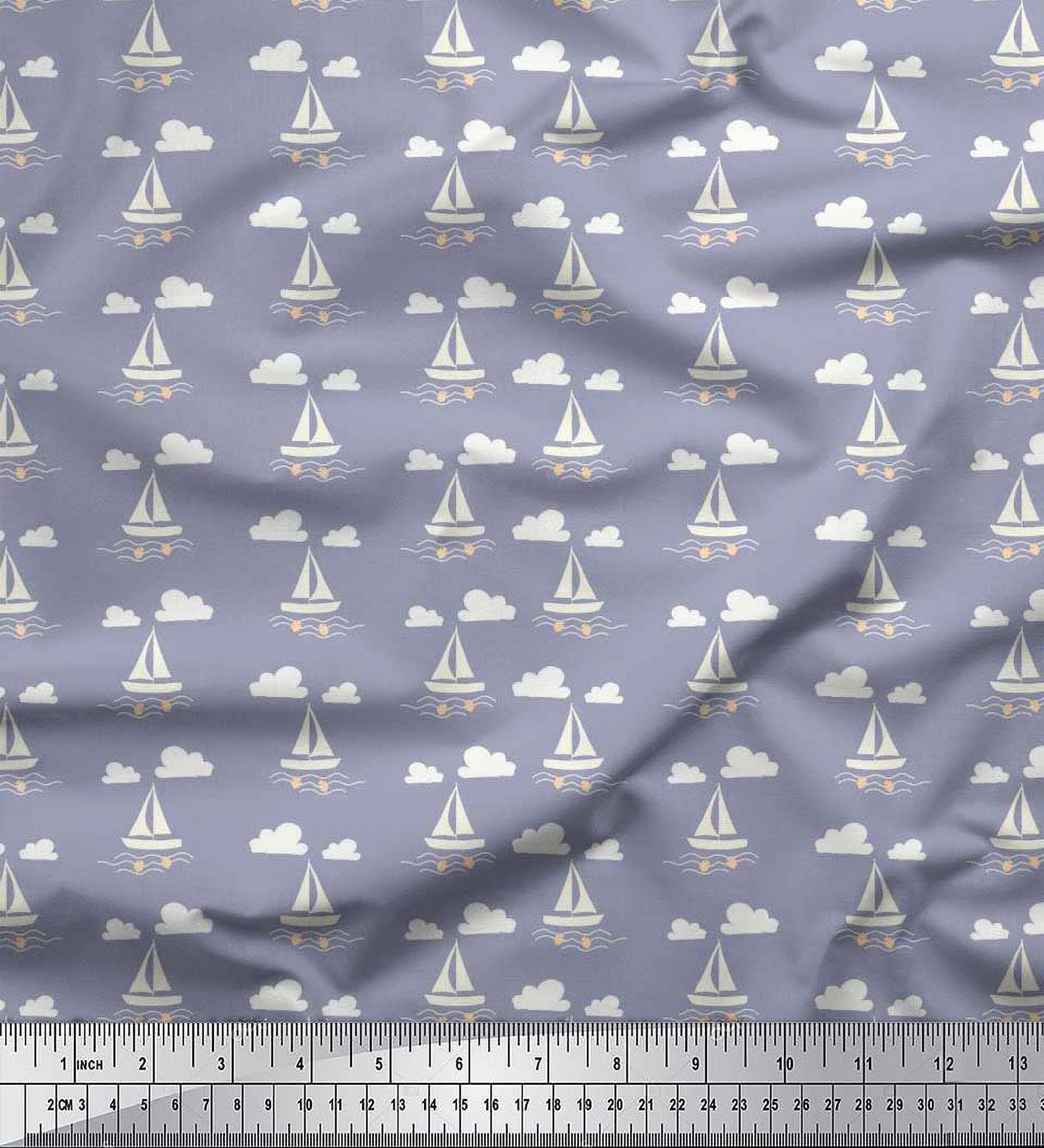 Soimoi Polyester Crepe Fabric Cloud,Fish & Yacht Nautical Decor Fabric Printed Yard 42 Inch Wide