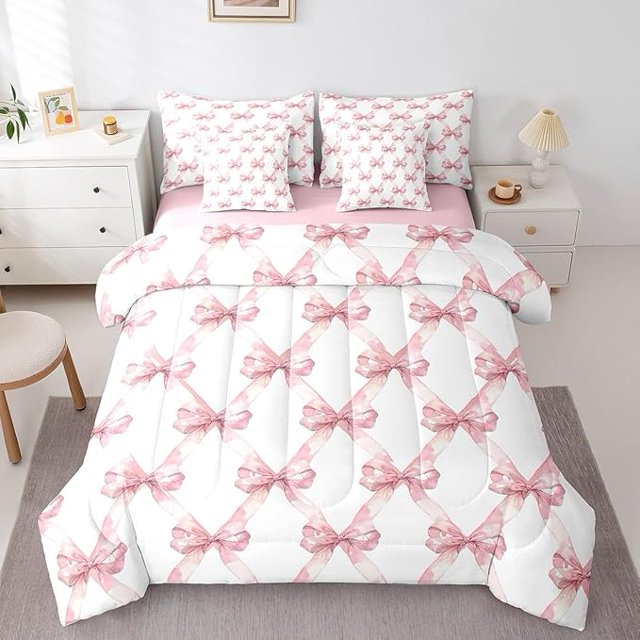 YST Ensemble de Douillette Nœud Rose Format Simple, Ensemble de Literie Style Princesse de Rêve, Patchwork de Carreaux Géométriques à Nœud Aquarelle (Douillette+drap-Housse+drap Plat+2 Taies d'Oreiller+2 Housses de Coussin Décoratif) 7 Pcs