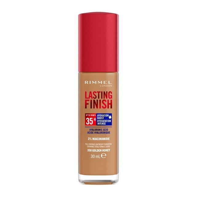 Rimmel Lasting Finish 35 Hour Foundation in 350 Golden Honey, a full-coverage, long-wearing liquid foundation bottle with a red cap, featuring a hydrating vegan formula with hyaluronic acid and 2% niacinamide, 30 ml size.