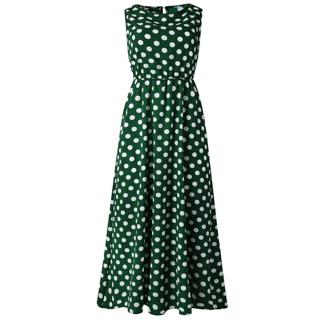 Robe Maxi 2025 pour Femmes Robe pour Dames Été Col Rond à Pois Imprimée Été Femmes Décontractée Sans Manches Ligne A Plissée Ajustée Robe d'Été pour Femmes Ample Froncée Fluide Décontractée Robes Débardeur