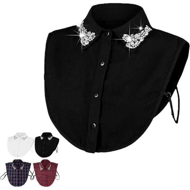 Red Christmas Plaid Rhinestone Detachable Collar, Women False Shirt Dickey Collar Fake Half Shirt