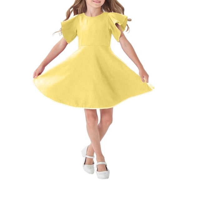 QIPOPIQ Robe Patineuse de Fête pour Fille à Manches Courtes, Décontractée, Vintage, Col Peter Pan, Coupe Évasée, avec Poches, 4-12 Ans, Liquidation