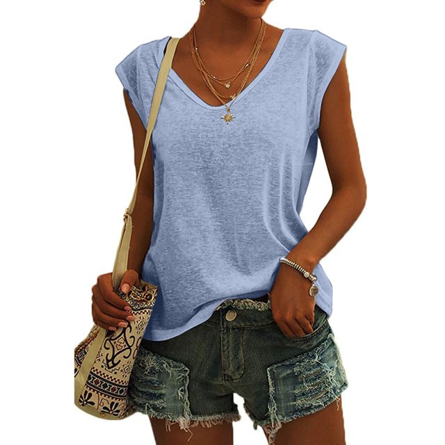 CEHVOM T-Shirt Blouse Décontracté pour Femme à Col Rond, Ample, Doux, à Manches Courtes Style Cap, Couleur Unie