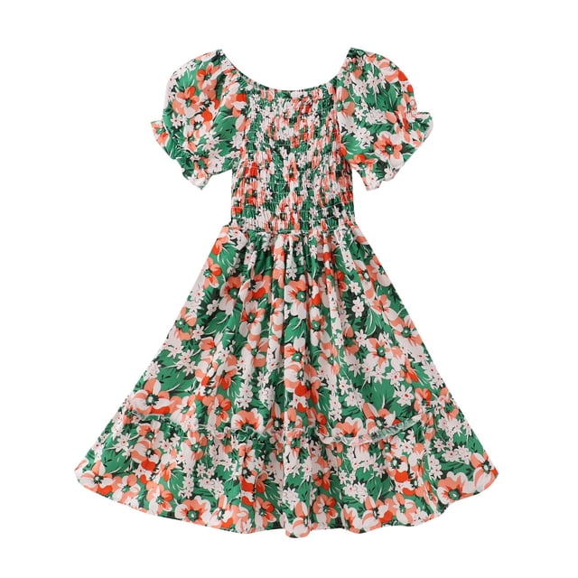 Hpapadks Robe Bébé Extensible Manches Courtes Florale Vacances en Bord de Mer Robe Princesse pour Filles Vert 8-9 Ans