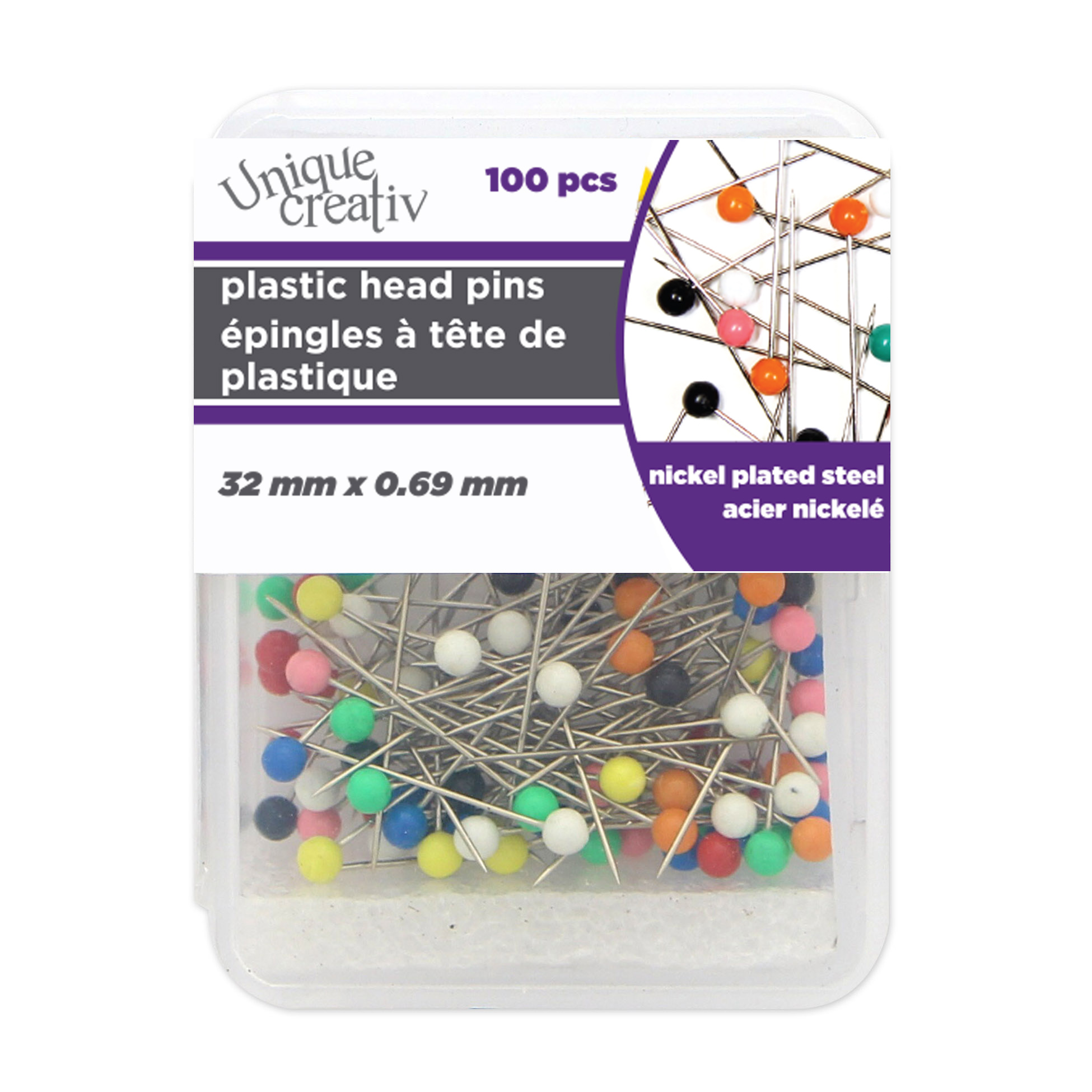 UNIQUE CREATIV Plastic Head Pins - Assorted Colours, 32 mm (1.26 in) × 0.7 (0.03 in), 100-Pack