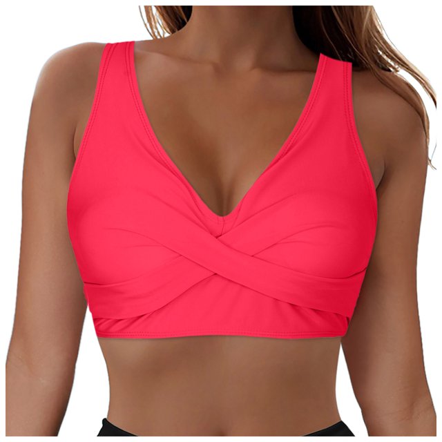 Huesdet Haut de Bikini pour Femmes Bretelles Spaghetti Réglables Haut de Maillot de Bain Col Rond Rembourré (Rouge Melon D\'eau, m)