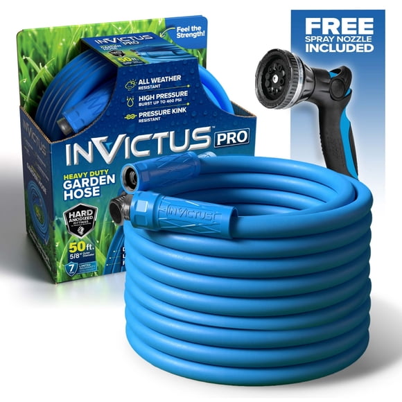 Invictus Pro Blue Lightweight 400 PSI Kink Resistant 5/8" Water Hose with 10 Spray Nozzle 50 Ft Outdoor Garden Hose
