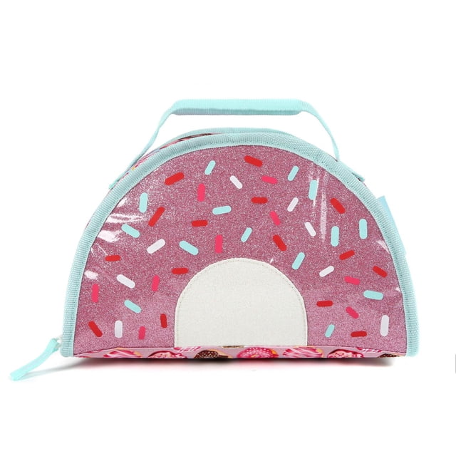 Arctic Zone Donut Sprinkles Lunch Pack shaped like a half donut with pink glittery surface and colorful sprinkles, light blue trim and padded handle, featuring high density thermal insulation and Ultra Safe® easy clean lining to keep food fresh, also suitable for carrying snacks or small items.
