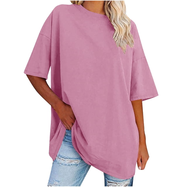 Plebaso T-Shirts Surdimensionnés pour Femmes 2025 Manches Courtes Hauts Amples Col Rond Décontracté Uni T-Shirts Basiques pour Femmes