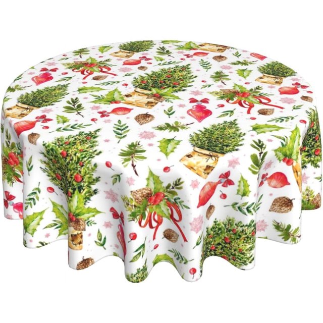 Christmas Tablecloth Round 60 Inch Green Plant Red Berry Leaf Decorative Table Cloth Washable Wrinkle Stain-Resistant Polyester Farmhouse Xmas Holiday Table Cover for Party Dinner Picnic