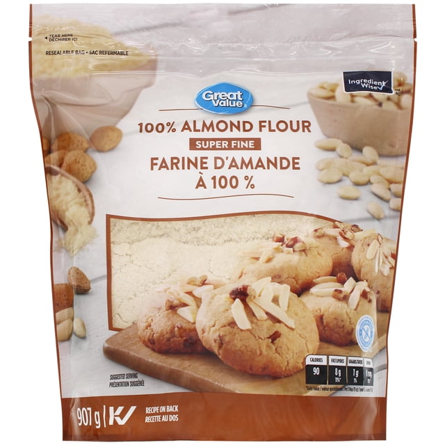 Great Value Super Fine 100% Almond Flour in a resealable 907 g bag with bilingual English and French text, showing almond flour through a clear window and almond cookies topped with sliced almonds on a wooden board, ideal for gluten-free baking in sweet and savoury dishes.