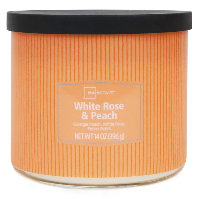Mainstays 3-Wick Textured Wrapped White Rose and Peach Scented Candle, 14 oz, front-facing round jar candle with a textured peach-colored wrapper featuring vertical stripes and a black lid, labeled with white text describing Georgia peach, white rose, and peony petals scent notes, suitable for enhancing home décor with a seasonal fragrance.