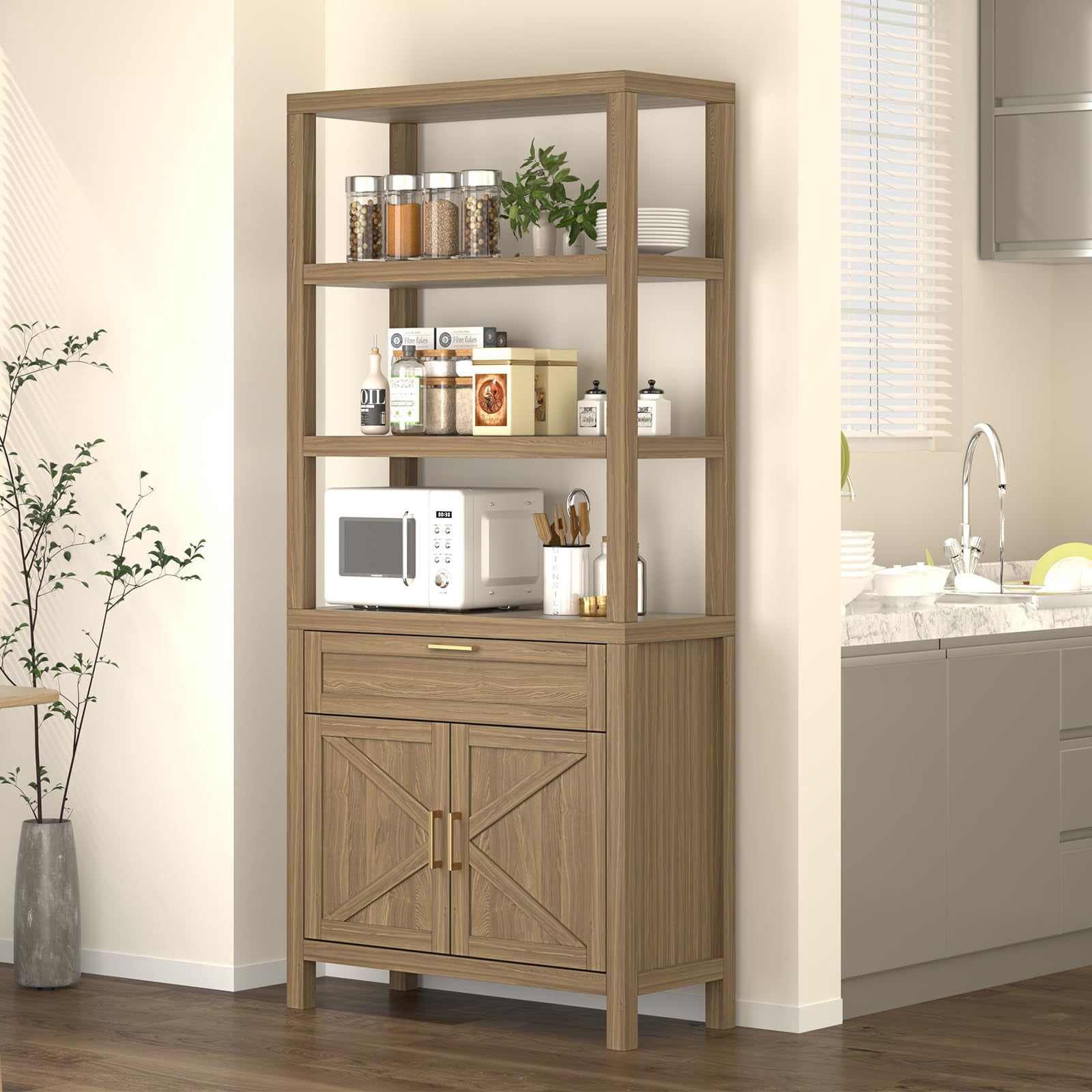 EDTara 71" Bookshelf and Bookcase with Doors, 5 Tier Tall Bookshelf Storage with Cabinet and Drawer, Farmhouse Book Shelf with Storage Cabinet, Wood Freestanding Display Bookshelves for Bedroom