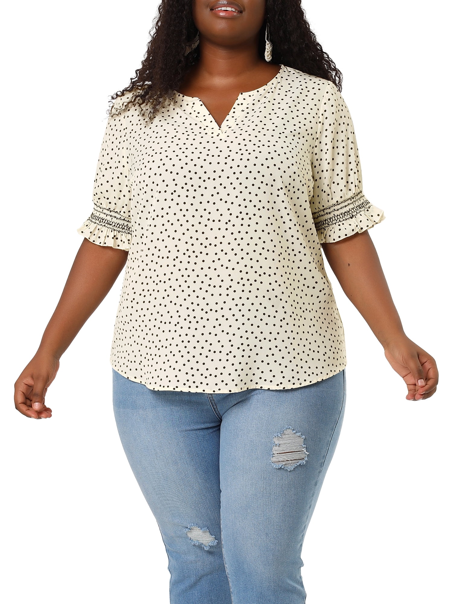 Agnes Orinda Women's Plus Size Blouses Pin Dots V Neck Ruffle Short Sleeve Spring Summer Boho Tops 4X White