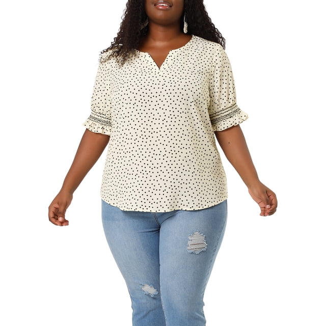 Agnes Orinda Women's Plus Size Blouses Pin Dots V Neck Ruffle Short Sleeve Spring Summer Boho Tops 1X White