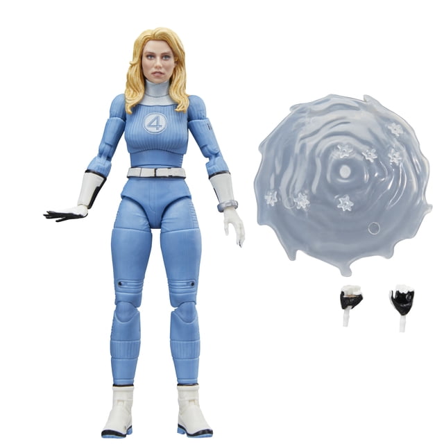 Marvel Legends Series Marvel's Invisible Woman Figurine d'Action en Costume des Quatre Fantastiques Bleu avec Gants et Bottes Blancs, Mettant en Vedette l'Emblème Numéro 4 sur la Poitrine, Entièrement Articulée avec Plus de 20 points d'Articulation, Comprend un Accessoire à Effet Bouclier Translucide et Deux Mains Alternées, Figurine de Collection à l'Échelle de 6 Pouces Adaptée à l'Exposition Ou au Jeu.