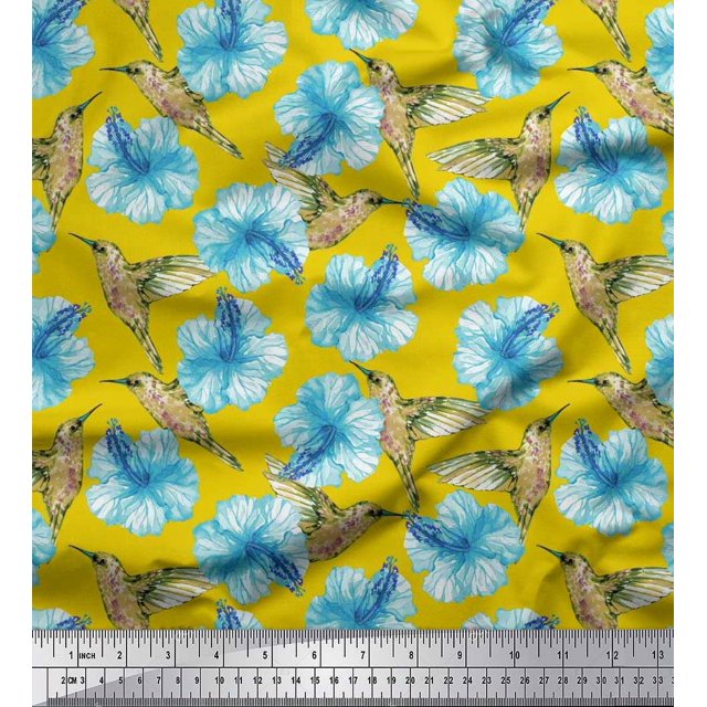 Soimoi Satin Silk Fabric Hummingbird & Floral Print Sewing Fabric Yard 42 Inch Wide