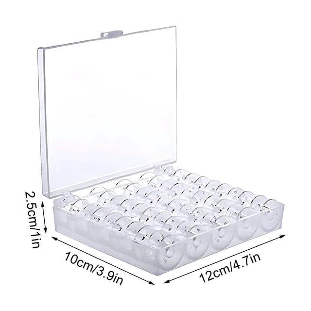 Sewing Bobbins Plastic Sewing Bobbins With Storage Case Box For Singers. A clear plastic storage box with 25 transparent sewing bobbins arranged neatly in rows. The box has a hinged lid and compact dimensions of 12cm x 10cm x 2.5cm, making it space-saving and easy to carry. Suitable for standard household sewing machines.