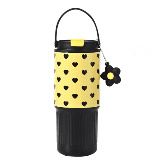 Mug de Voyage Tumbler 25 oz en Acier Inoxydable avec Couvercle Étanche 3 en 1, Poignée Pivotante, Compatible avec les Porte-Gobelets de Voiture, Pendentif Petal, Cœur Jaune