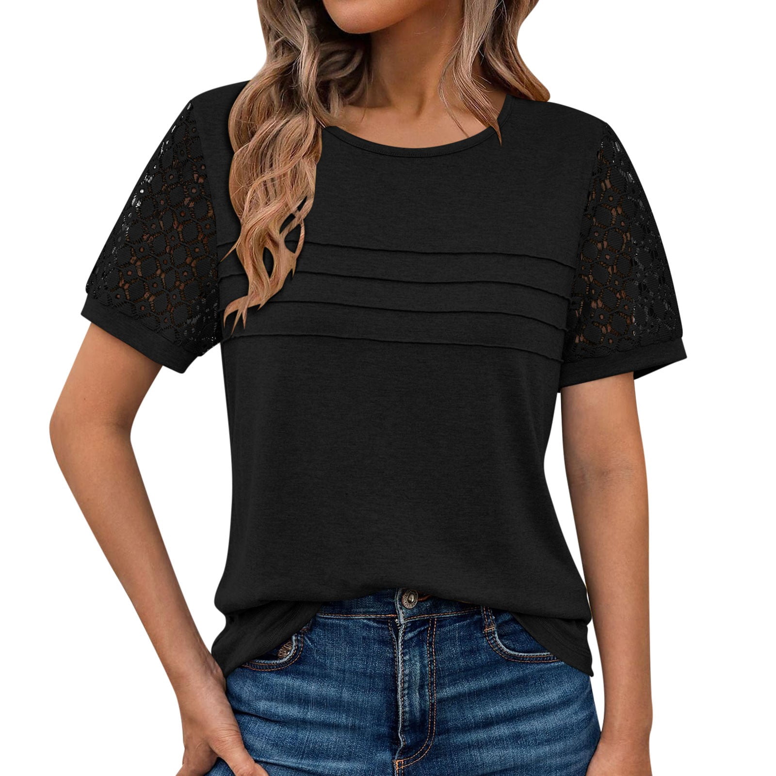 XYAIXT Women's Short Sleeve T-Shirts Lace Summer Tops Crew-neck