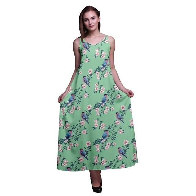 Bimba Robe Maxi à Bretelles Spaghetti Sans Manches pour Femmes en Rayonne Imprimée d'Oiseaux, Coupe Évasée - Très Petit