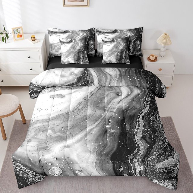 YST Abstract Artwork 7-Piece Grey Marbling Bedding Set, Mountain Fluid Watercolor King Size Comforter Set, Foil Print