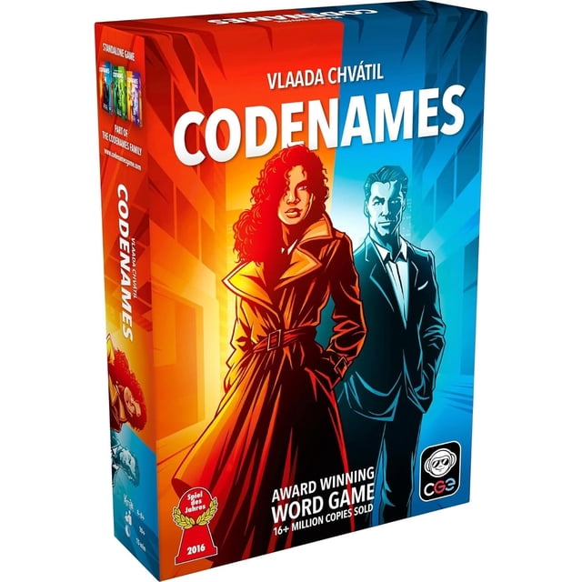 Codenames - New Edition board game box featuring vibrant artwork of two secret agents, one in a red trench coat and the other in a blue suit, set against a split red and blue background. The box highlights features such as 'Award Winning Word Game' and '16+ Million Copies Sold.' Designed for 4–8 players, this updated edition includes refreshed artwork, redesigned cards, and streamlined rules for dynamic gameplay. Ideal for parties, family game nights, and casual gatherings.