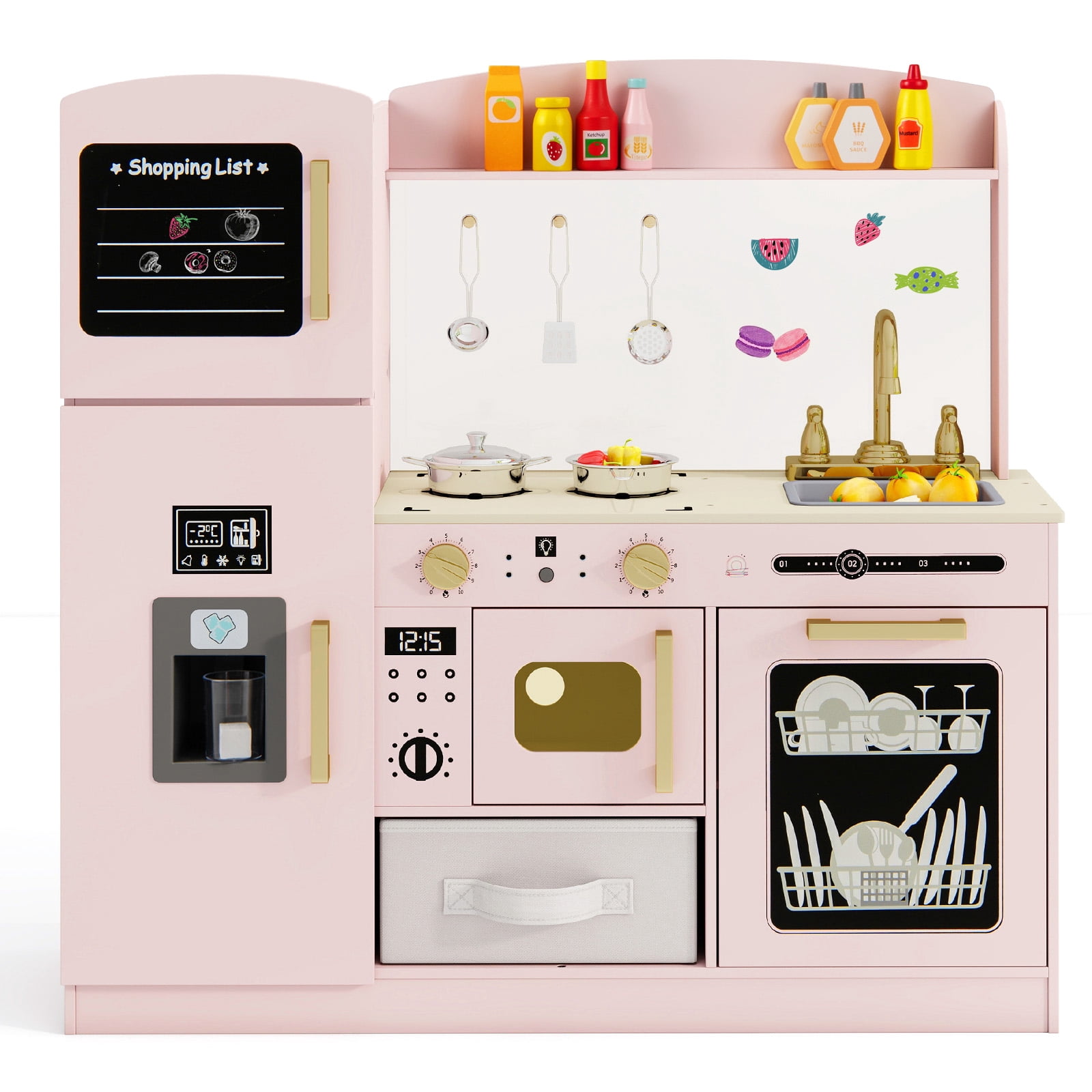 Patiojoy Wooden Kitchen Playset Kids Pretend Play Kitchen with Chalkboard Ice Maker Sink Fabric Drawer & Dishwasher Pink