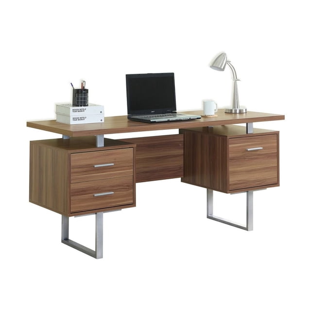 Monarch Specialties Computer Desk with 60-inch walnut laminate floating top and silver metal track legs, featuring two storage drawers on the left and a filing drawer on the right, shown with a laptop, desk lamp, books, and a mug, suitable for modern home office organization.