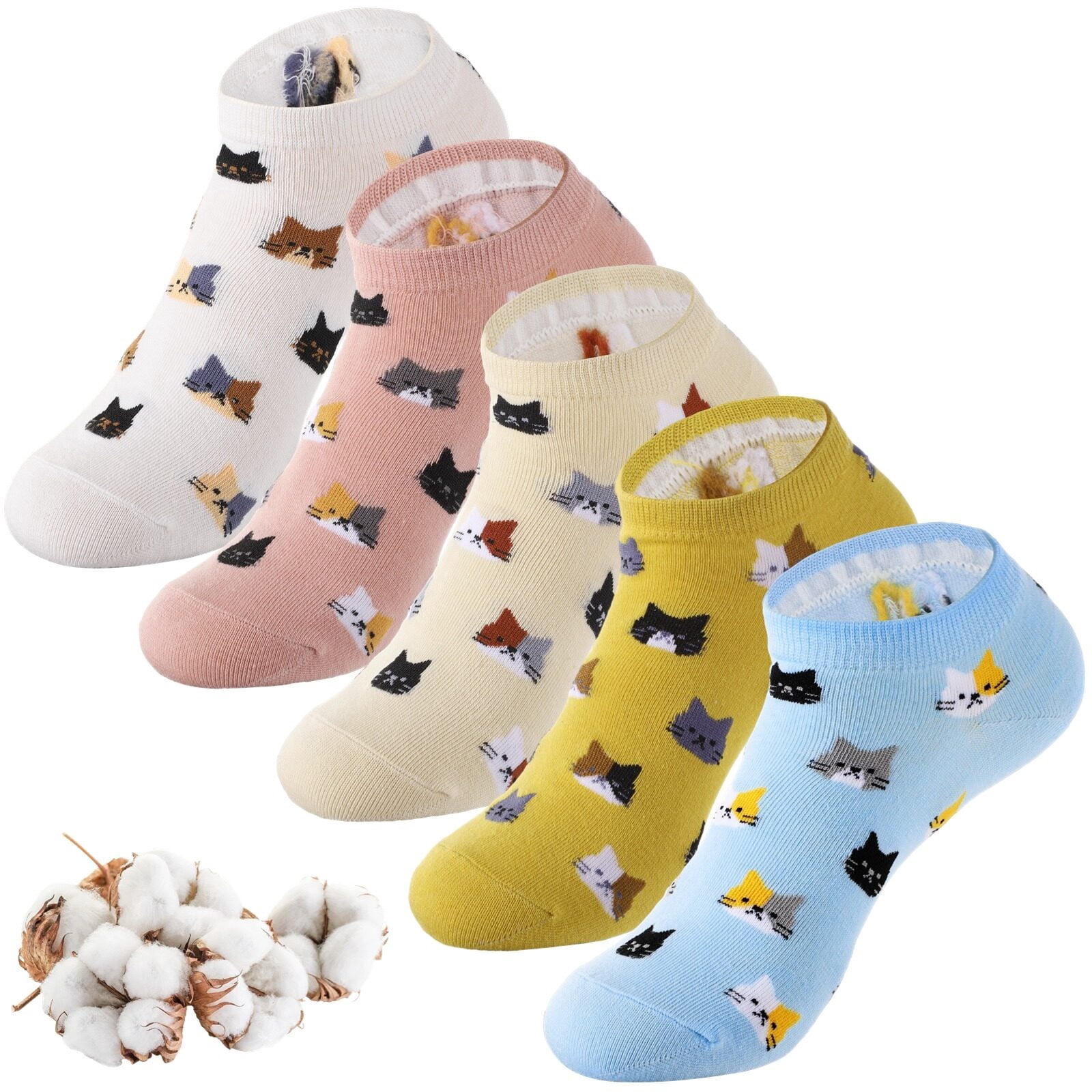 5 Pairs Women's Ankle Socks, Soft Cotton Casual Low Cut Socks, Thin No Show Socks, Cute Cat Short Socks