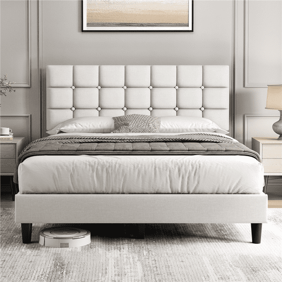 Fullfurnique Upholstered Platform Bed Frame with Square Tufted Headboard, Queen, Beige