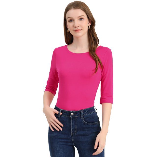 INSPIRE CHIC Hauts pour Femmes Manches au Coude Encolure Bateau Coupe Ajustée T-Shirt Classique Décontracté L Rose Rouge