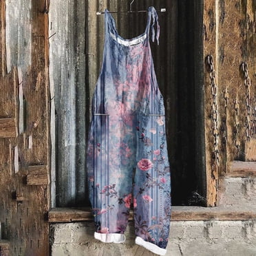 Pisexur Women's Pants,Pants for Women Ladies' Print Sleeveless Two Pocket Casual Overalls Jumpsuit Jumpsuit Pants Blue,4XL