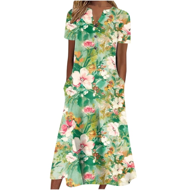 Cameland Robe d'Été pour Femme Décontractée à Col en V avec Boutons, Manches Courtes, Imprimée, Coupe Évasée, avec Poche