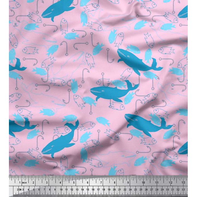 Soimoi Velvet Fabric Fishing Hook,Fish & Whale Ocean Decor Fabric Printed Yard 58 Inch Wide