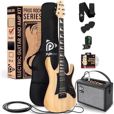 Pyle Prog Rock Série EG Guitare Électrique avec Trousse d'Ampli, Format Pleine Grandeur 39 Pouces avec Deux Capteurs Humbucker, Cou à Profil Bas et Corps Solide en Paulownia, Trousse d'Accessoires Haut de Gamme Incluse (Naturel)
