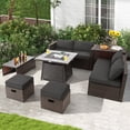 thumbnail image 3 of Patiojoy 9 Pieces Outdoor Patio Furniture Set with 35-Inch Propane Fire Pit Table Outdoor PE Wicker Space-Saving Sectional Sofa Set with Storage Box and Cushions Gray, 3 of 10