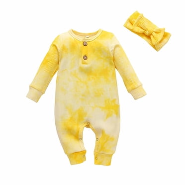 Posijego Barboteuses Teinture sur Nœuds pour Bébés Filles, Col Rond, Boutons, Coton, Manches Longues, Combinaison Sans Pieds avec Bandeau